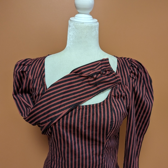 Free People Top Red Black Vintage Stripe Caroline Puff Sleeve Top Size XS - Picture 7 of 15